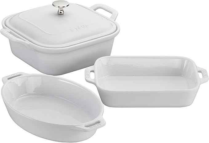 STAUB Ceramic 4-pc Baking Pans Set, Casserole Dish with Lid, Brownie Pan, White