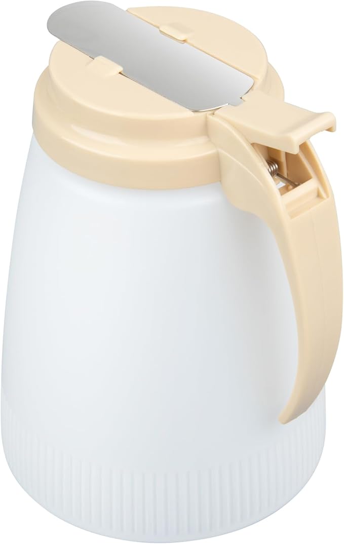 Restaurantware-Chef 101 48 Ounce All Purpose Syrup Dispenser, 1 Honey Dispenser - Beige Top, Stainless Steel Slide Cover, Plastic Pancake Syrup Bottle, Perfect For Diners, Restaurants, Home