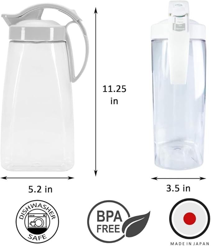 Airtight Slim Fridge Water Pitcher with Lid, 74 oz (2.3 Qt) Space Saving Refrigerator Door Jug, Leakproof Easy Pour Spout Beverage Tea Container, BPA-Free SAN Plastic, Made in Japan (Turquoise)