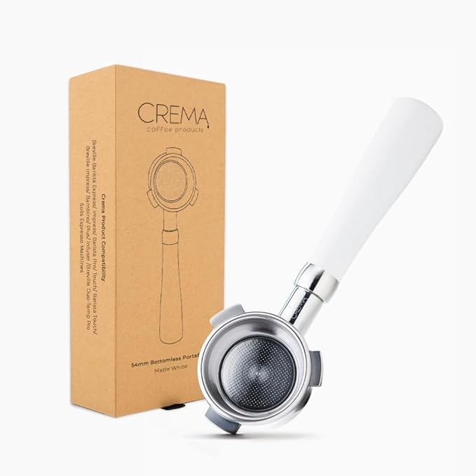 CREMA Coffee Products 54mm Bottomless Naked Portafilter | Compatible with 54mm Breville Machines | Includes Double Shot Filter Basket | White