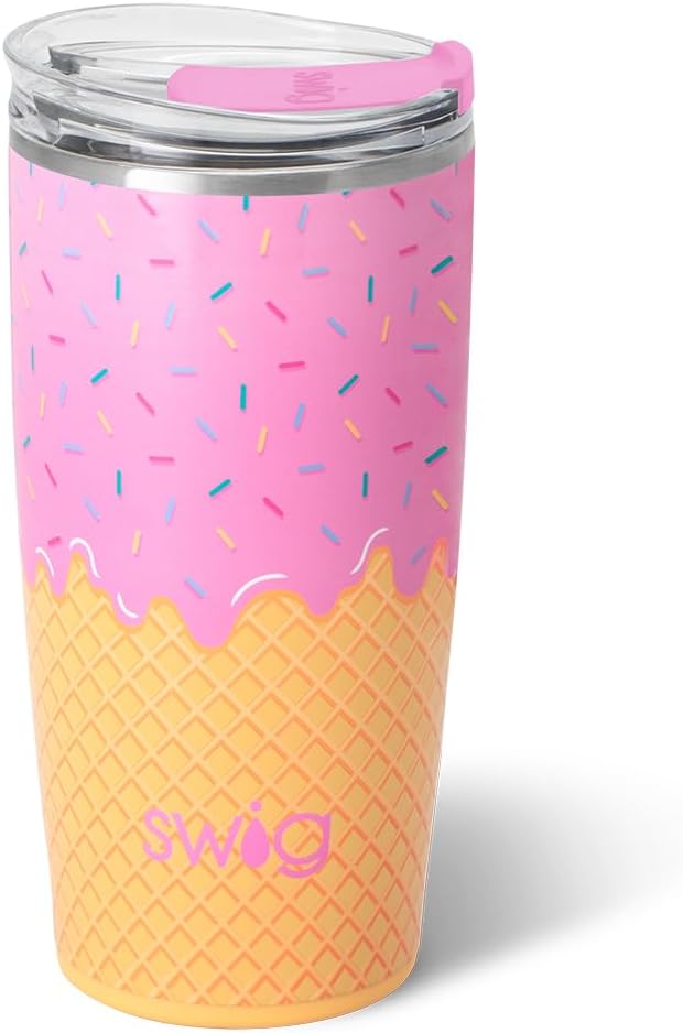 Swig Life 22oz Insulated Tumbler, Travel Coffee Tumbler with Lid, Cup Holder Friendly Travel Coffee Mug, Stainless Steel, 22 oz Tumblers, Reusable Insulated Mug with Lid (Scoop There It Is)