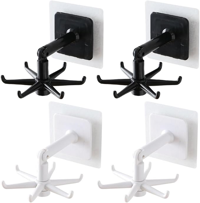 PRETYZOOM 4pcs 360-degree Rotatable Kitchen Utensil Hooks Under Cabinet Hanging Holder Set, No Drilling Wall Mount Hook for Kitchen Organization, Black and White