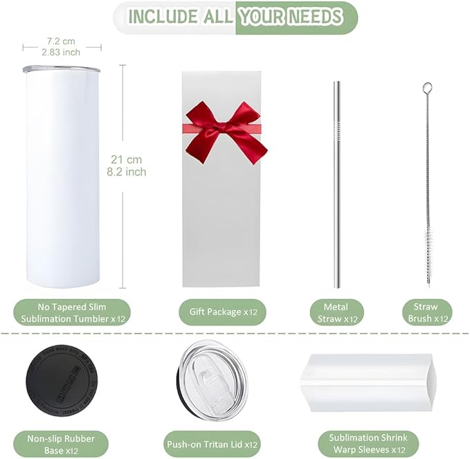 20oz Sublimation Tumblers Blanks Products Stainless Steel Double Wall Sublimation Tumblers with Lids and Straws Polymer Coating for Heat Transfer Customized Gifts (12 Pack)