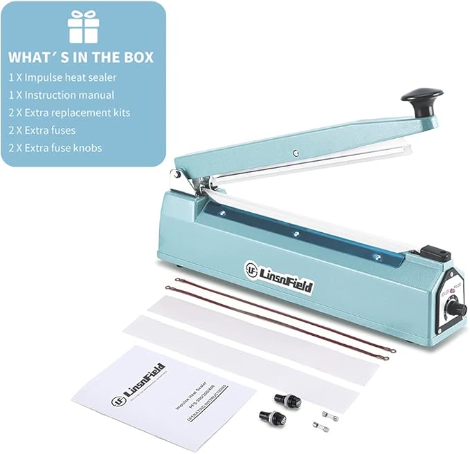 Sealer Pro, Patented 8inch Impulse Heat Bag Sealer, 2mm Sealing Width Poly Bag Seal Machine, 2 Replacement Kits 2 Fuses Included, Blue