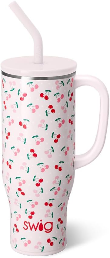 Swig Life 30oz Mega Mug, 30 oz Tumbler with Handle and Straw, Cup Holder Friendly, Dishwasher Safe, Extra Large Insulated Tumbler, Stainless Steel Water Bottle (Cherry Pie)