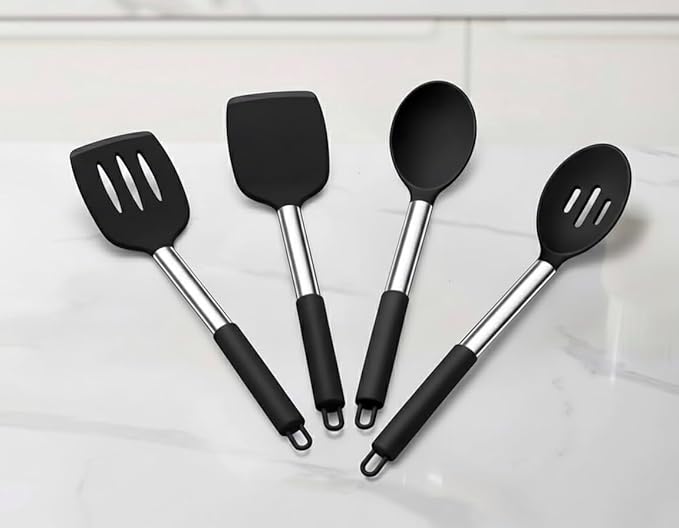 Pack of 4 Silicone Cooking Utensils Set, Non Stick, Heat Resistent Large Solid Spatulas, Slotted Spoons, BPA Free, Kitchen Turners for Frying, Mixing,Serving,Draining,Turning,Stirring