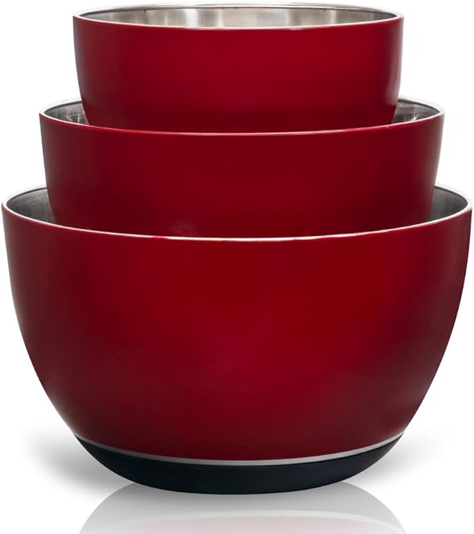 WHYSKO® Stainless Steel Mixing Bowls (Set of 3) with Non-Slip Silicone Base for Kitchen, Dishwasher Safe Bowls for Meal Prep, Cooking, Baking, Serving, Food Storage (Red)