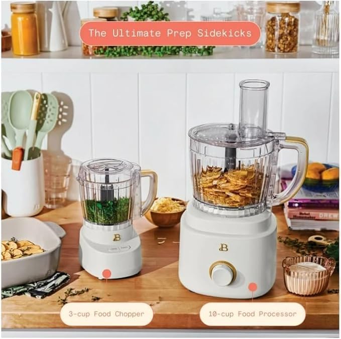 b..eautifull Drew Barrymore 3-Cup Electric Food Chopper, Mini Processor with Glass Bowl, 250W, BPA-Free, Dishwasher Safe, White Icing