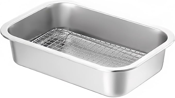Stainless Steel Sturdy Roasting Pan with Cooling Rack – Oven, Toaster & Grill Safe, Deep Edge, Smooth Finish, Dishwasher Safe – Perfect for Turkey, Chicken, BBQ (10.4x7.7x2.8in)