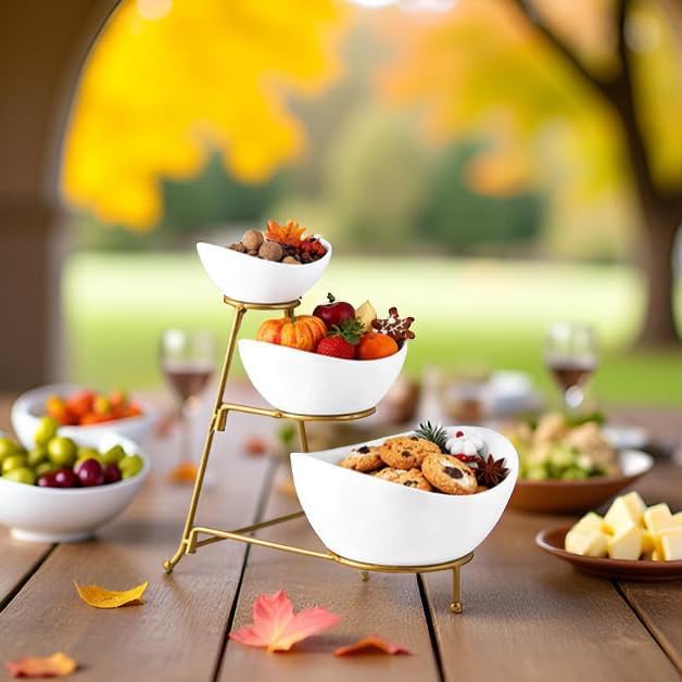 Gomakren 3 Tiered Oval Serving Bowl with Collapsible Metal Rack, Chip and Dip Serving Set, Dessert Appetizer Bowl Set (45oz / 17.5oz / 7oz), White Serving Bowls For Entertaining (Gold Stand)