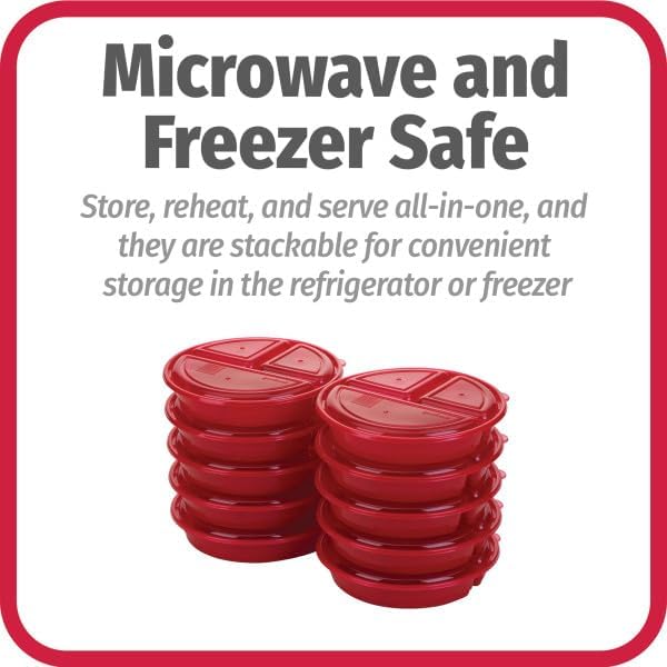 GoodCook Meal Prep Containers Set Microwave & Dishwasher-Safe Round Food Organizers with Labeled Compartments BPA-Free Food Storage Set with Snap Shut Lids Portion Control, 10-Pieces, Red (Pack of 4)