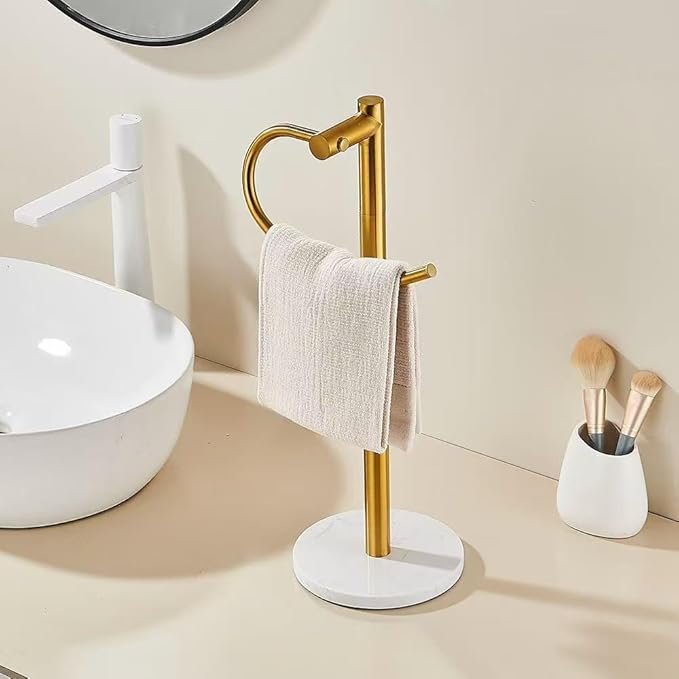 19 inch Brushed Gold Hand Towel Holder Stand,Hand Towel Bar Bathroom Vanity Countertop Towel Holder Free Standing,Towel Ring Hardware Accessories Towel Rack