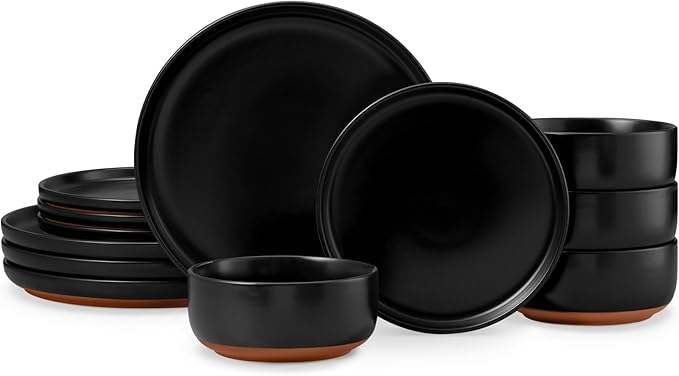 E-far 12-Piece Stoneware Plates and Bowls Sets, Dinnerware Sets for 4, Ceramic Dishware Dishes Set with Terracotta Base, Chip & Scratch Resistant, Microwave & Dishwasher Safe, Matte Black
