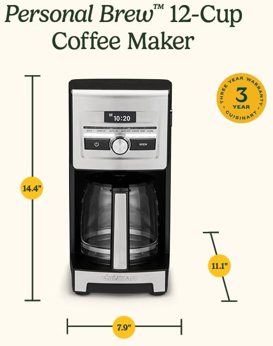 Cuisinart Personal Brew™ 12-Cup Coffee Maker, Automatic Coffee Machine, Programmable Coffee Maker for Home Brewing Convenience with Adjustable Brew Strength, Stainless Steel/Black, DCC-12