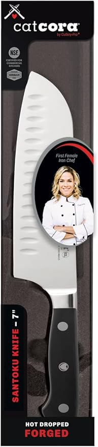Cutlery-Pro Cat Cora Forged Granton Santoku Knife, Professional 7-Inch German Steel Blade For Slicing Meat Without Sticking, Ergonomic Triple-Rivet Handle, NSF-Certified Kitchen Knife
