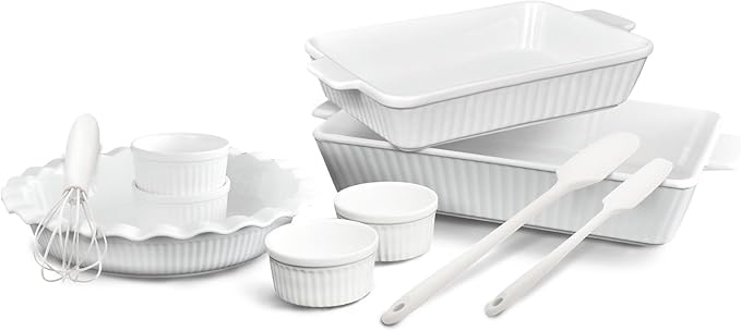 GOURMETEDGE 10-Piece Stackable Ceramic Bakeware Set - Ideal Mother's Day Gift, Non-Toxic Non-Stick Oven Safe, PFOA & PFOS Free, Includes Baking Dishes, Pie Plate, Ramekins & Silicone Tools (White)