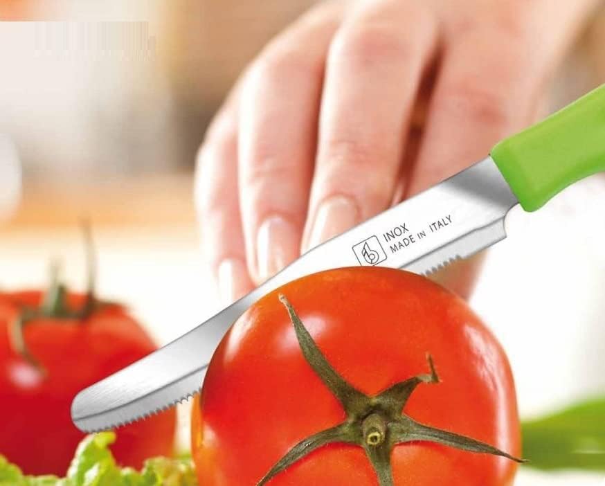 Tredoni 6 kitchen Knives - 4.3"/11cm Italian Stainless Steel Serrated Vegetable/Steak/Table Knife Cutlery, Rounded Tip (Brown)