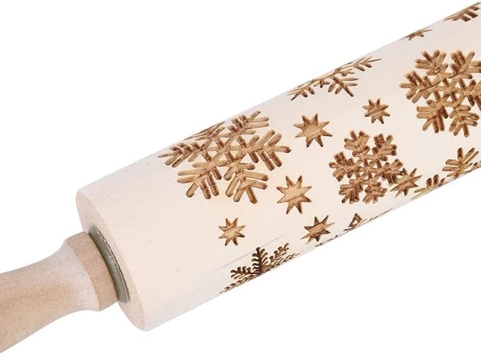 Embossed Wooden Rolling Pin for Baking, Deep Engraved Embossing Rolling Pin with Christmas Snowflake Flower Design for Baking Embossed Cookies Cute Kitchen Decor DIY Tool for Kids and Adults