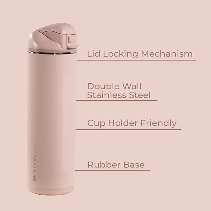 HydroJug Ease2o Water Bottle with Straw & Chug Lid, Stainless Steel, Vented Cap to Help Reduce Pressure, Water-Level Window, Cup Holder Friendly, Non-Slip Base – 24oz, Dusty Rose