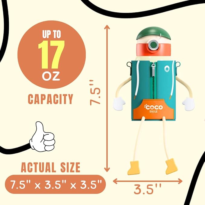 Cocosmile Puppet Kids Insulated Water Bottle with Zipper Sleeve, Easy Open Button & Carrying Lanyard, Kids Water Bottles for School Boys Girls, Stainless-Steel Thermal Cup, BPA Free (Without Straw)