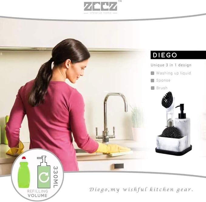 ZCCZ White Soap Dispenser with Sponge Holder, Kitchen Soap Dispenser Pump, Sponge Caddy and Brush Holder 3 in 1 Set Organizer for Sink Countertop, Removable Tray, Marble Look (Brush NOT Included)