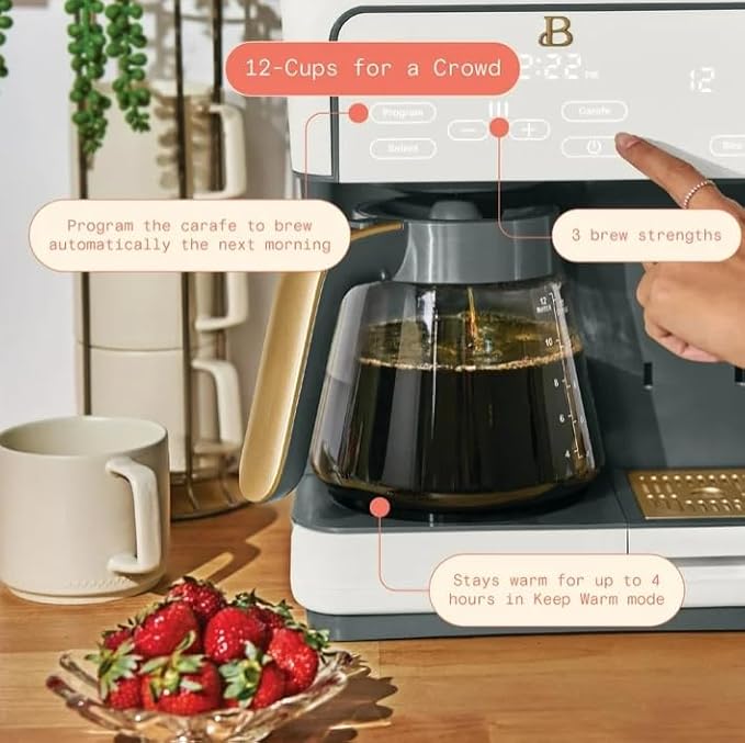 Beauti Multi Brew 12 Cup Programmable Drip & Single Serve Coffee Maker, Versatile Brewing (6oz, 8oz, 10oz, 12oz, 14oz), Pods or Ground, Over Ice option, Keep Warm mode (White)