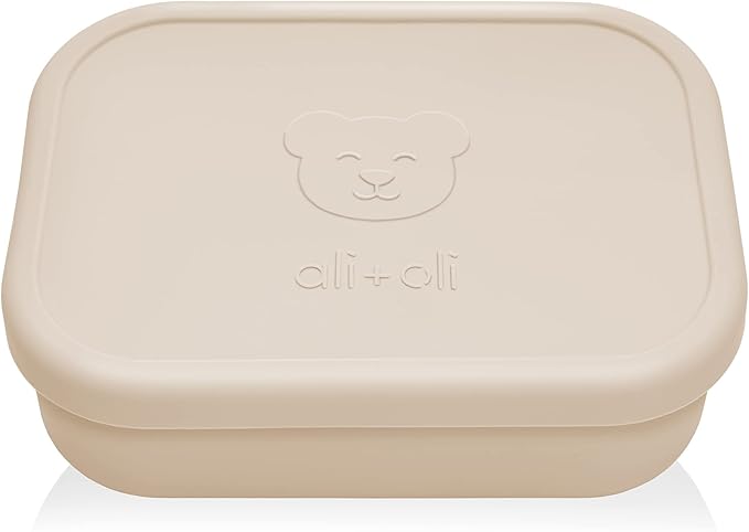 Ali+Oli Bundle, Silicone Pacifier Case (Chutney) Newborn Pacifier Holder, Travel Baby Pacifiers Silicone Pouch, Leak Proof Bento Box (Coconut) Food-Grade Silicone Bento Box