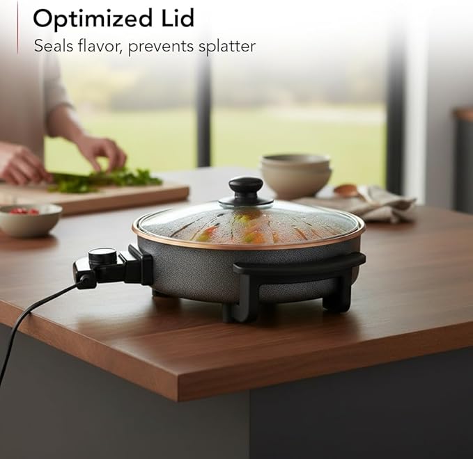OVENTE 11.5-Inch Electric Skillet & Frying Pan, 1400W Nonstick Cooking Pan with Adjustable Temperature Control, Tempered Glass Lid with Steam Vent, Cool-Touch Handles, Easy-Clean Copper SK11112CO