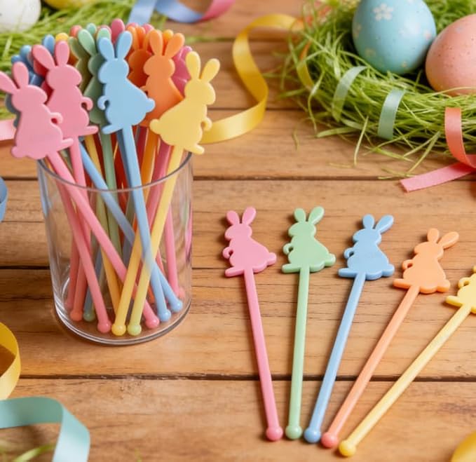 JarThenaAMCS 50 Pcs Easter Bunny Drink Stirrers Pastel Rabbit Plastic Swizzle Sticks Reusable Cocktail Stir Sticks for Coffee Tea Hot Cocoa Beverage Bar Home Party Supplies