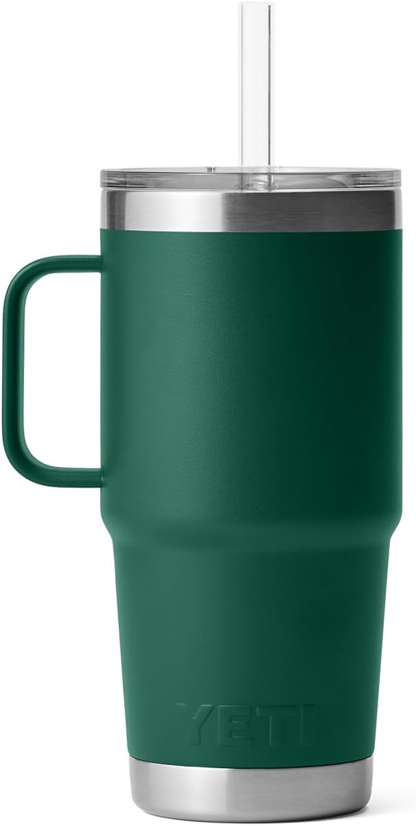 YETI Rambler 25 oz Tumbler with Handle and Straw Lid, Travel Mug Water Tumbler, Vacuum Insulated Cup with Handle, Stainless Steel, Black Forest Green