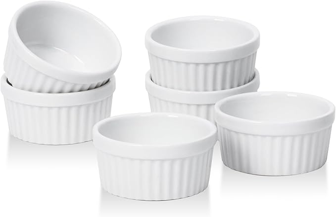 DOWAN Dipping Bowls 1.5 oz, Sauce Cups Mini Ramekins, Tiny Ramekin Porcelain Souffle Dish, Dessert Cups Small Bowls Condiment Cups for Charcuterie Board, Microwave & Oven Safe, Set of 6, Soft White