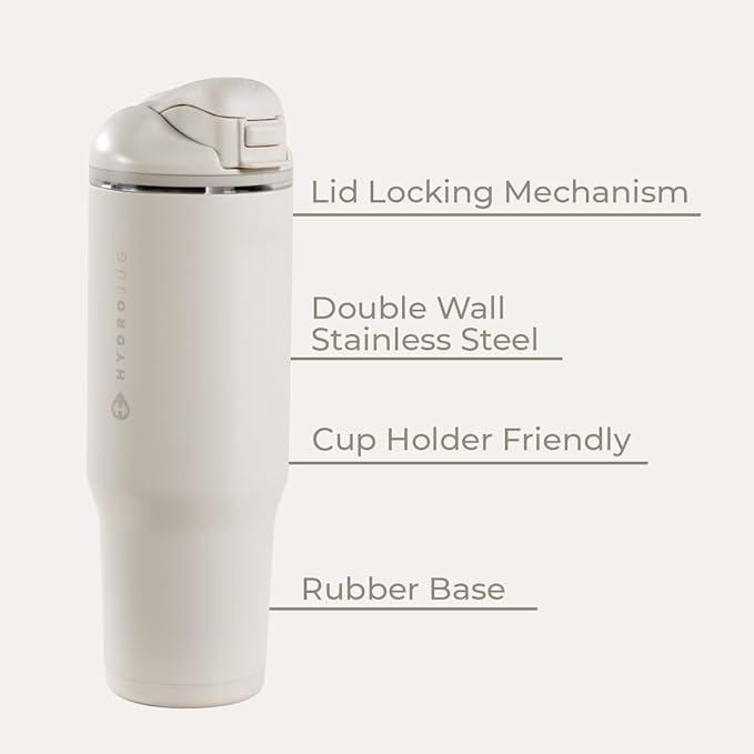 HydroJug Ease2o Water Bottle with Straw & Chug Lid, Stainless Steel, Vented Cap to Help Reduce Pressure, Water-Level Window, Cup Holder Friendly, Non-Slip Base – 32oz, Linen