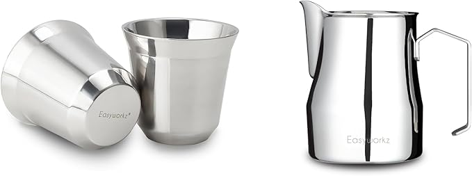 Easyworkz Stainless Steel Espresso Cup 2pcs Set Double Wall 5 oz, Bundled Espresso Steaming Pitcher Stainless Steel 12 oz Coffee Frothing Picther Milk Jug Cappuccino Latte Art Cup
