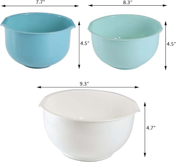 Set of 3 Mixing Bowls with Pour Spout-Nesting Design Saves Space - Non-Slip, BPA Free, Dishwasher Safe Plastic - Kitchen Cooking and Baking Supplies (Blue)