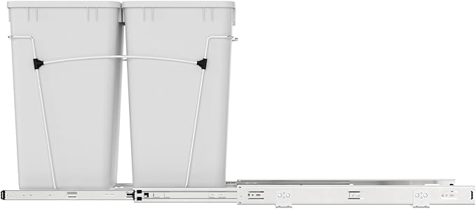 Rev-A-Shelf Pullout Trash Can for Under Kitchen Cabinets 27 Qt Garbage Waste Recycling Bin with Full Extension Slides, White, RV-15KD-11C S