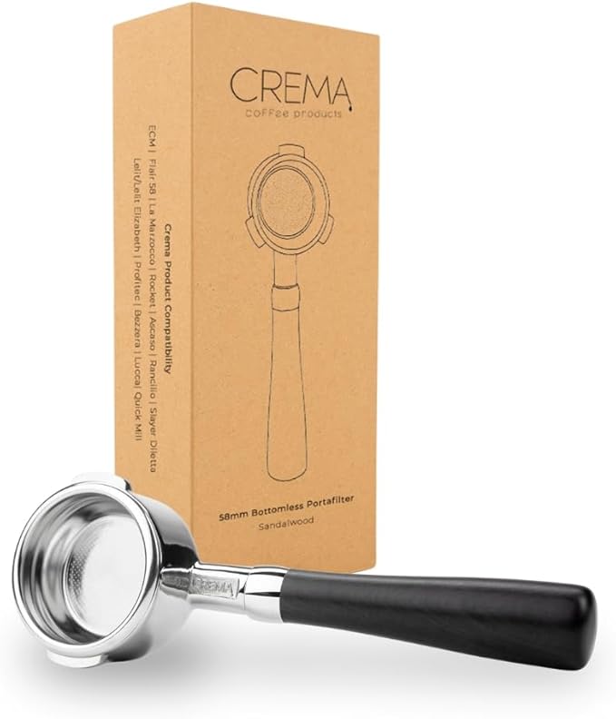 CREMA Coffee Products 58mm Bottomless Naked Portafilter | Compatible with 58mm Breville Machines | Includes Double Shot Filter Basket | Sandalwood