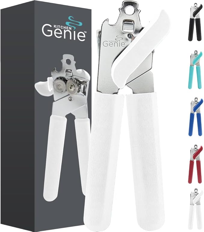 Kitchen Genie Heavy Duty Stainless Steel Manual Can Opener, Sharp Blade for Smooth Edge Cuts, Open Cans Easily, Slip-Resistant Ergonomic Handle, Easy to Turn Hand Knob, Built-In Bottle Openers, White