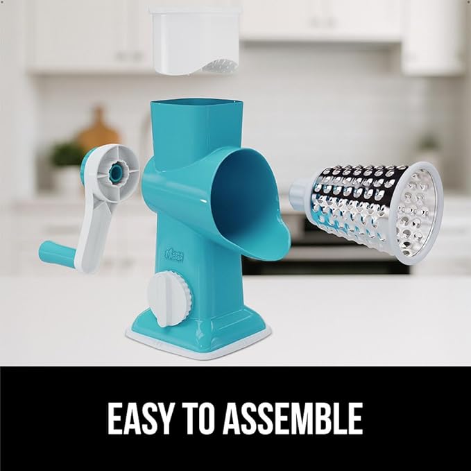 GORILLA GRIP BPA-Free Rotary Cheese Grater Hand Crank, Easy to Set Up, Strong Suction Base for Kitchen Countertop, Shred Potato, Vegetable, Nuts in Seconds, Round Mandoline Slicer, 3 Blades, Turquoise