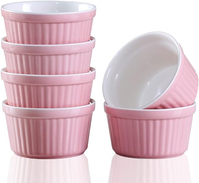 Ramekins 6oz Oven Safe,Creme Brulee Ramekin and Souffle Dishes,Porcelain Baking Bowls,Dipping Sauce Dish.Pudding Cups,Set of 6,Pink