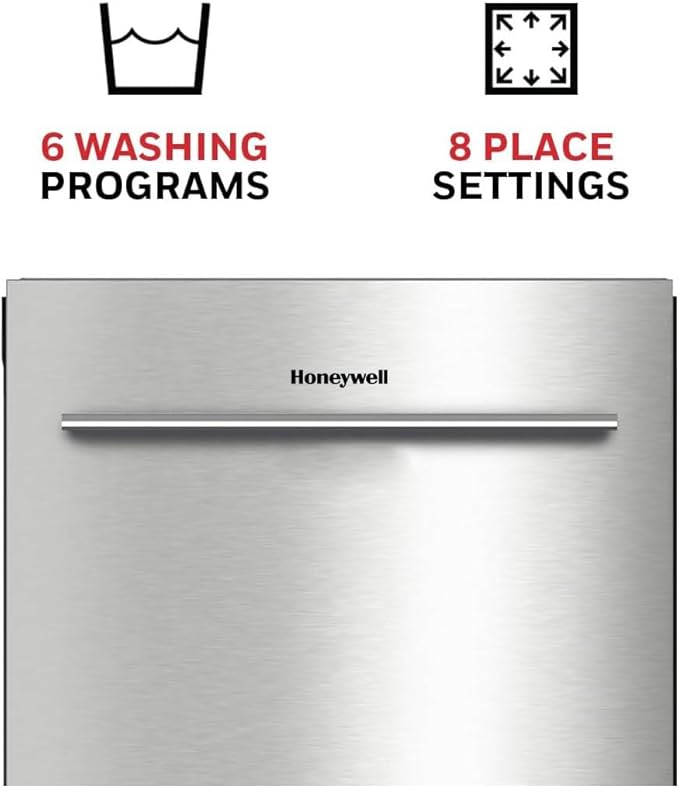 Honeywell 18-Inch Dishwasher with 8 Place Settings, 6 Washing Programs, Stainless Steel Tub, UL & Energy Star Certified, Stainless Finish