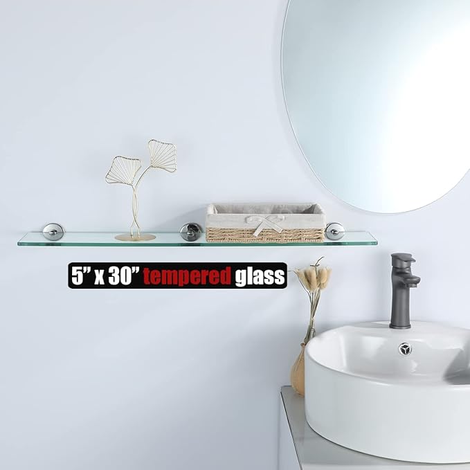 JQK Bathroom Glass Shelf Chrome, Tempered Glass Shower Storage 30 by 5 inches, 304 Stainless Steel Polished Chrome Wall Mount, TGS101L30-CH