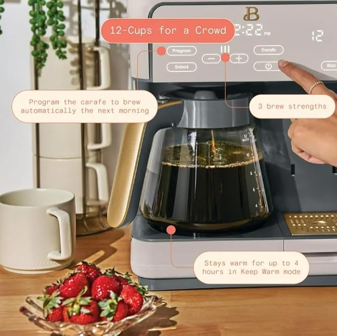 Beauti Multi Brew 12 Cup Programmable Drip & Single Serve Coffee Maker, Versatile Brewing (6oz, 8oz, 10oz, 12oz, 14oz), Pods or Ground, Over Ice option, Keep Warm mode (Porcini)