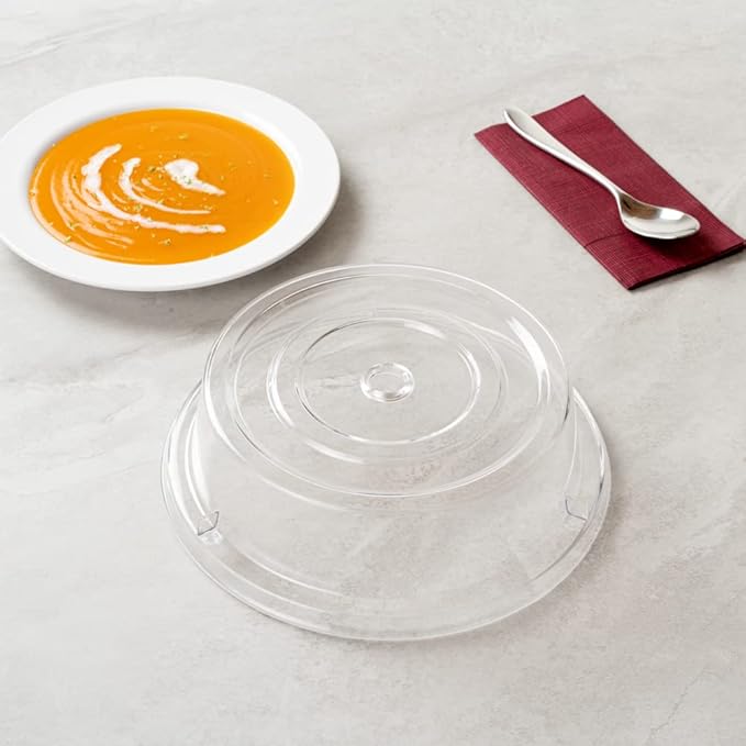 Restaurantware Cater Tek 10.2 Inch Polycarbonate Plate Cover 1 Shatterproof Dish Cover - Dishwashable Endures Up To 210F Clear Plastic Splatter Cover With Finger Hole For 10-Inch Plates