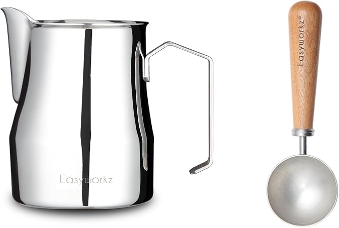 Easyworkz Espresso Steaming Pitcher Stainless Steel 15 oz Latte Art Cup, Bundled with Easyworkz Retro Stainless Steel Coffee Spoon with Black Walnut Handle,10g - Measuring Spoon