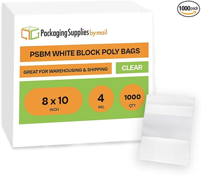 PSBM 1000 Count 4 Mil 8 Inch x 10 Inch, White Block Reclosable Poly Bags, With Write-On Block, Clear Zip Plastic Bag, Lock Seal Zipper For Packing, Storing, Organizing & Shipping Products