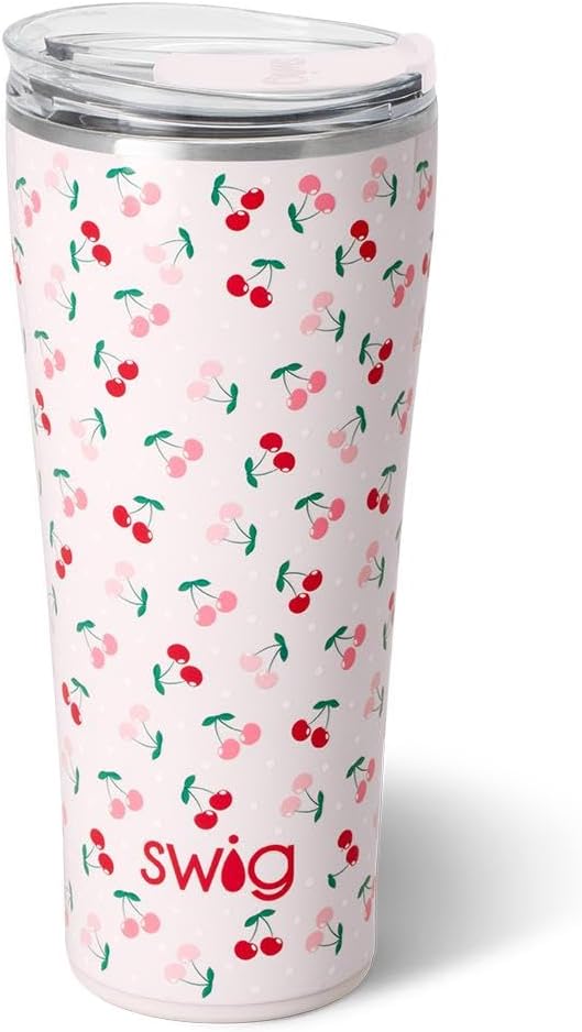 Swig Life 32oz Insulated Tumbler, Travel Coffee Tumbler with Lid, Cup Holder Friendly Travel Coffee Mug, Stainless Steel with Lid (Cherry Pie)