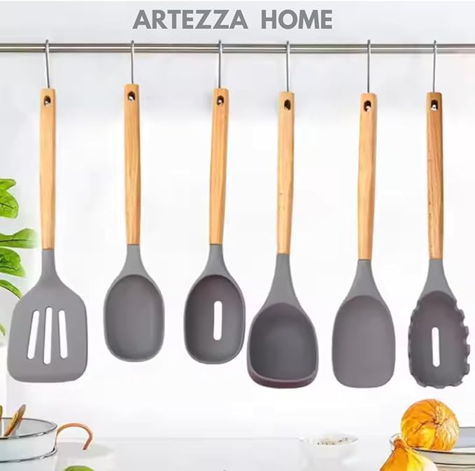 Premium Silicone Kitchen Utensil Set – 7-Piece Cooking Tools with Acacia Wood Handles and Bamboo Holder, Non-Stick, Heat Resistant, BPA-Free, Elegant Kitchen Gift (Grey -7pcs)