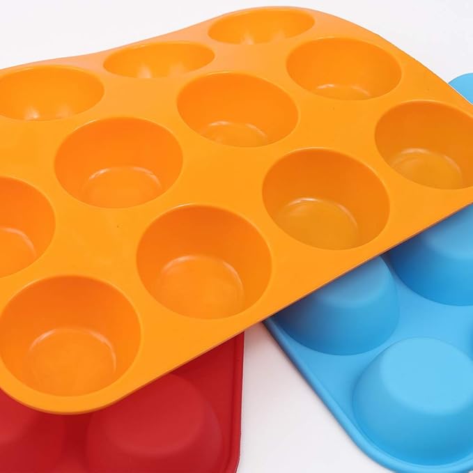 Silicone Muffin Pan, Cupcake Pan, 12 Cups, Food Grade Egg Muffin Baking Silicone Molds, Non-stick, 3 Pcs