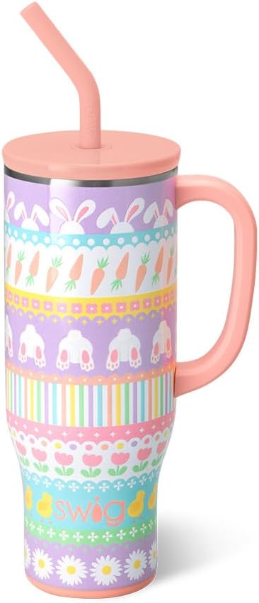 Swig Life 30oz Mega Mug, 30 oz Tumbler with Handle and Straw, Cup Holder Friendly, Dishwasher Safe, Extra Large Insulated Tumbler, Easter Basket Stuffers, Easter Gifts for Women (Bunny Trail)