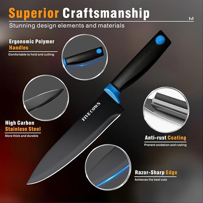 14 Pcs Kitchen Knife Block Set with Sharpener German High Carbon Stainless Steel Chef Knives, Razor-Sharp & Durable, Lightweight Anti-Slip Handle, Professional Set for Home & Kitchen (Blue)